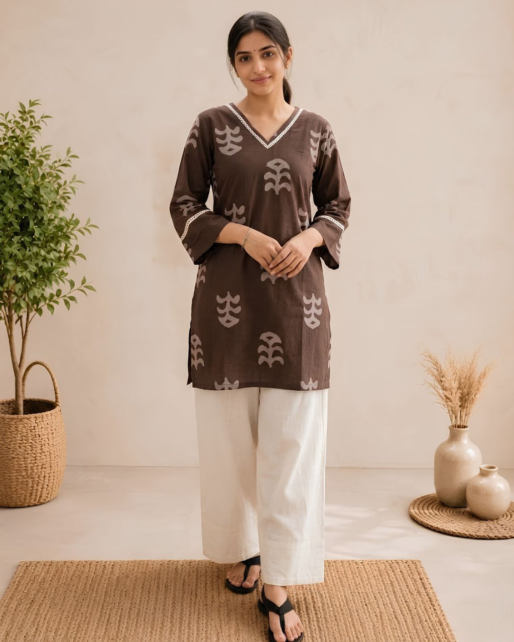 Mocha Leaf Print Cotton Kurta with Light Farsi Straight Salwar Set