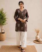 Mocha Leaf Print Cotton Kurta with Light Farsi Straight Salwar Set