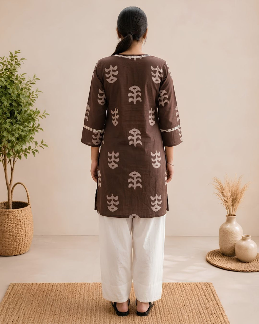 Mocha Leaf Print Cotton Kurta with Light Farsi Straight Salwar Set