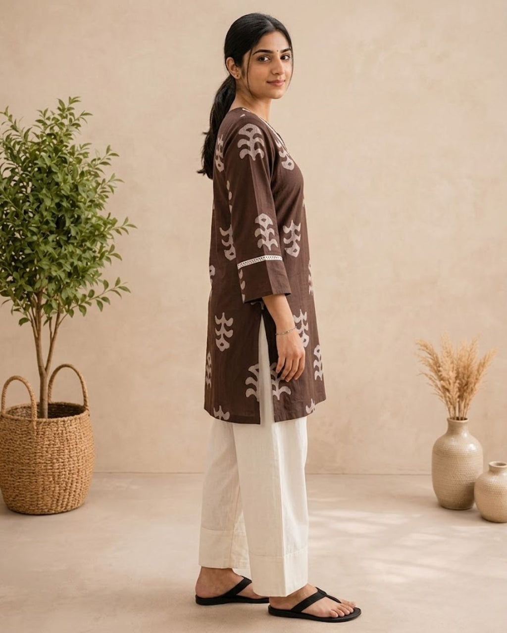 Mocha Leaf Print Cotton Kurta with Light Farsi Straight Salwar Set