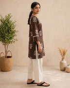 Mocha Leaf Print Cotton Kurta with Light Farsi Straight Salwar Set