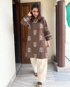 Mocha Leaf Print Cotton Kurta with Light Farsi Straight Salwar Set