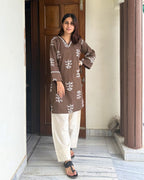 Mocha Leaf Print Cotton Kurta with Light Farsi Straight Salwar Set