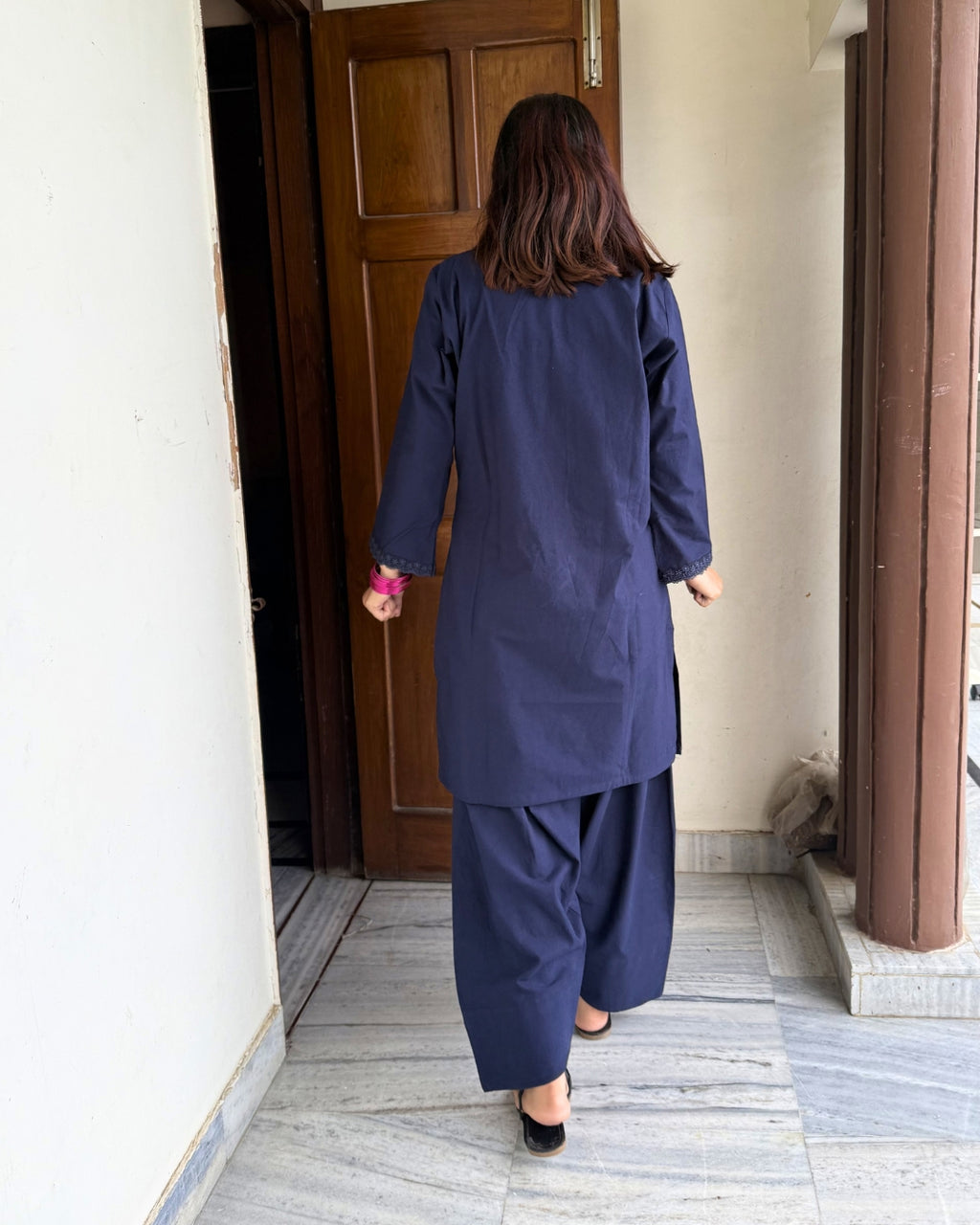 Midnight Blue Khadi Cotton Farsi Salwar Kurta Set with Lace Details