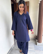 Midnight Blue Khadi Cotton Farsi Salwar Kurta Set with Lace Details