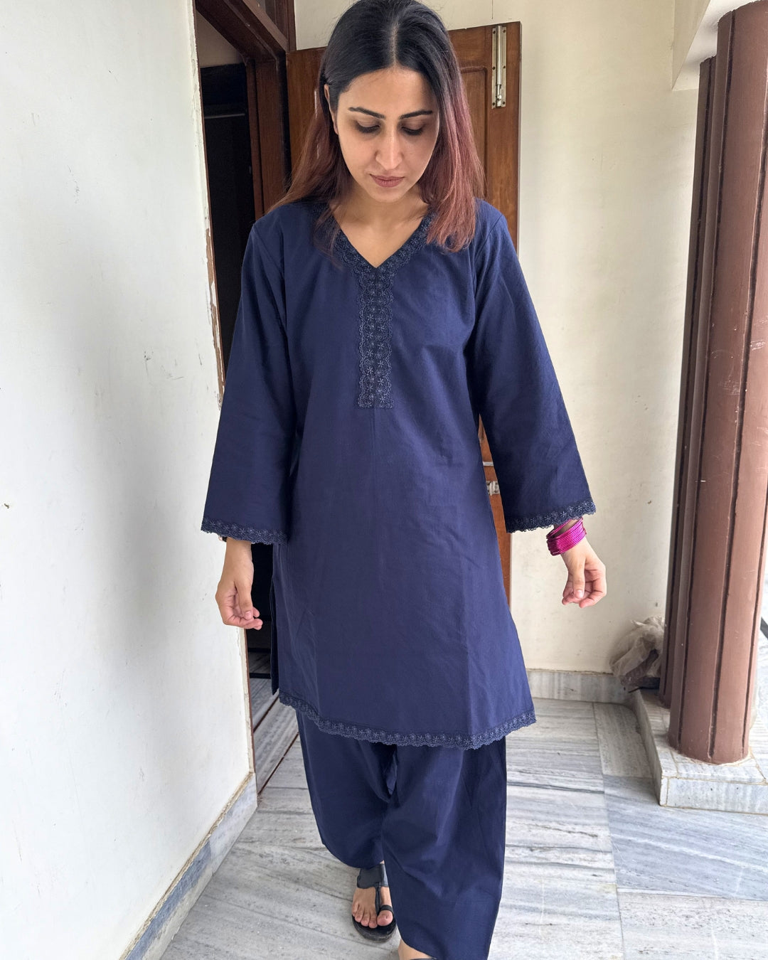 Midnight Blue Khadi Cotton Farsi Salwar Kurta Set with Lace Details