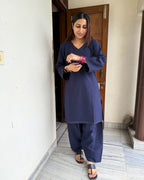 Midnight Blue Khadi Cotton Farsi Salwar Kurta Set with Lace Details