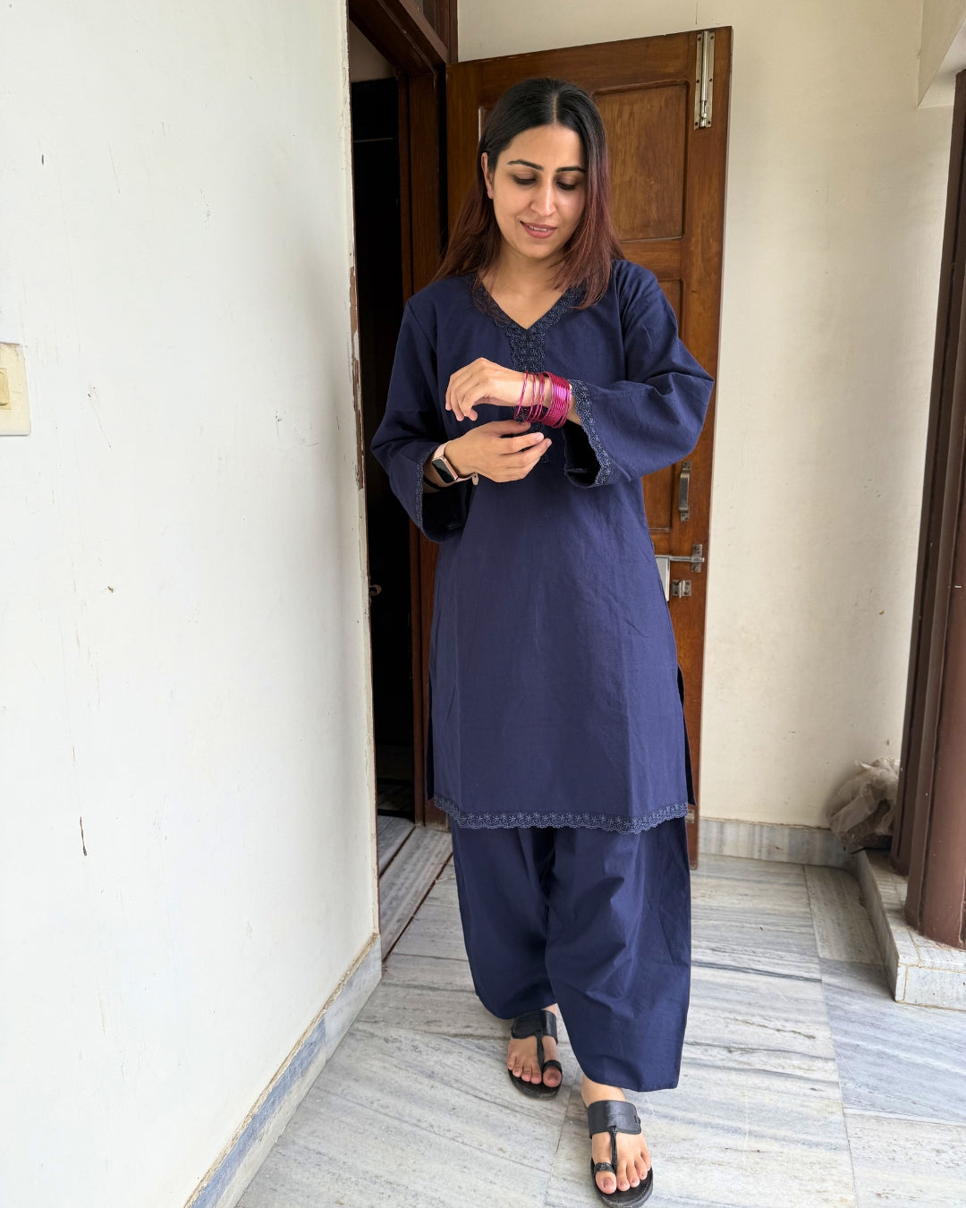 Midnight Blue Khadi Cotton Farsi Salwar Kurta Set with Lace Details