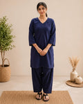 Midnight Blue Khadi Cotton Farsi Salwar Kurta Set with Lace Details