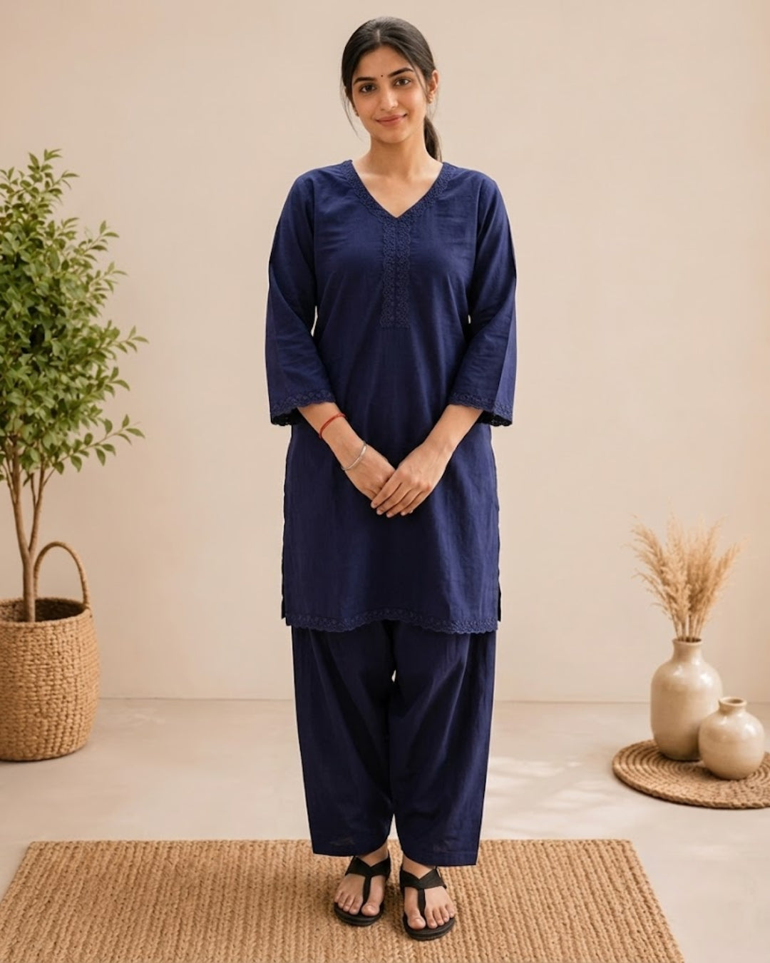 Midnight Blue Khadi Cotton Farsi Salwar Kurta Set with Lace Details