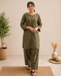 Olive Grace Solid Cotton Kurta with Light Farsi Straight Salwar Set