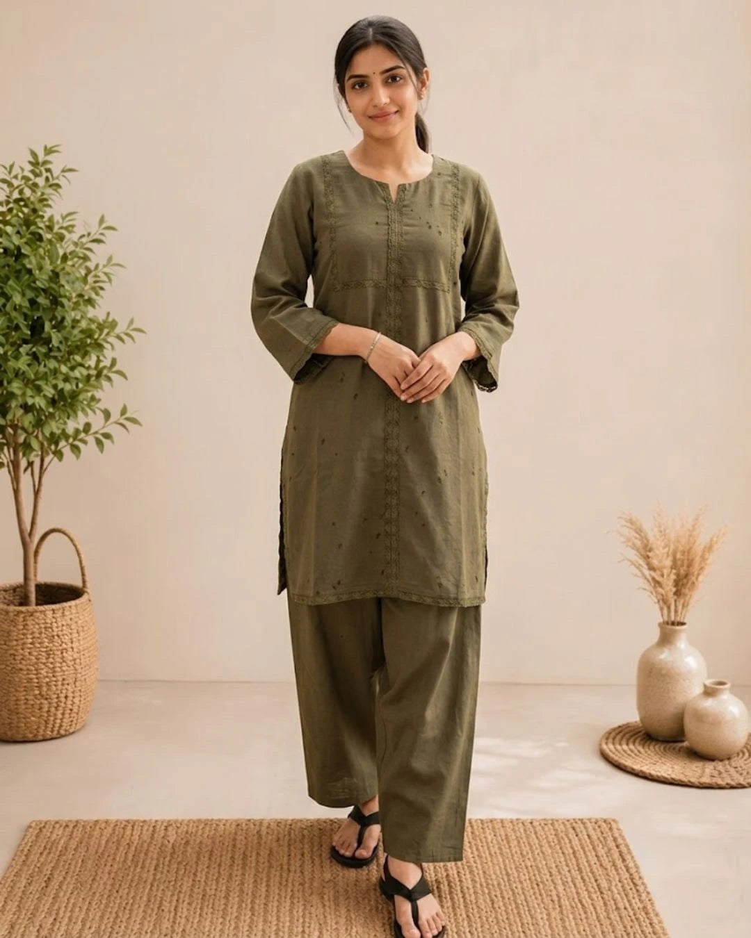 Olive Grace Solid Cotton Kurta with Light Farsi Straight Salwar Set