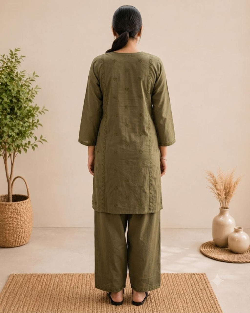 Olive Grace Solid Cotton Kurta with Light Farsi Straight Salwar Set