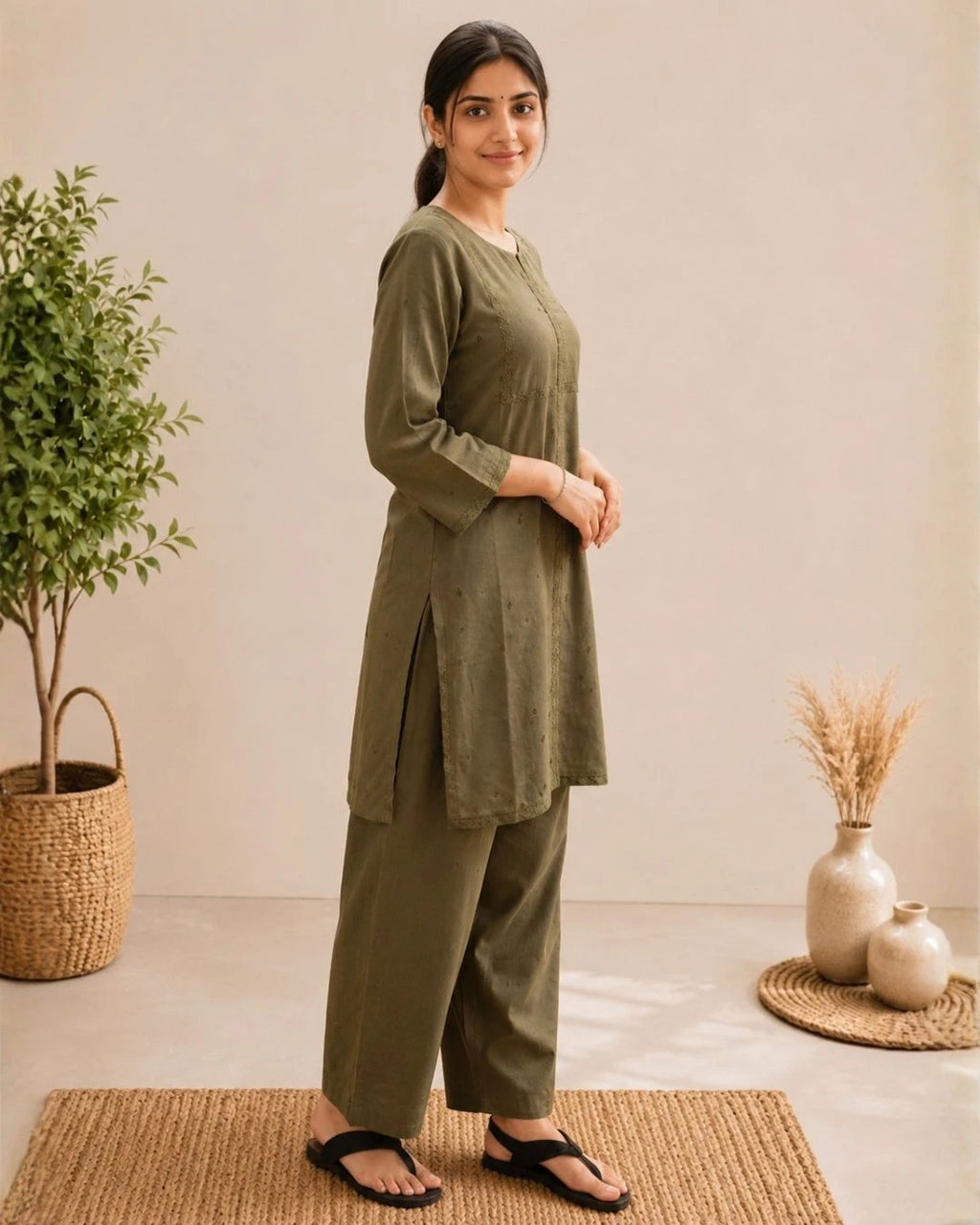 Olive Grace Solid Cotton Kurta with Light Farsi Straight Salwar Set